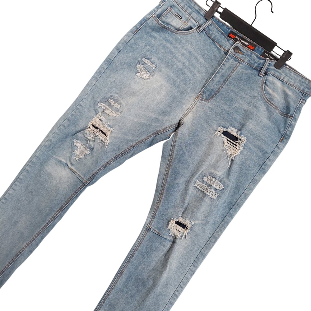 Riot Empire Jeans Mens Fits 40x32 Light Blue Slim Tapered Distressed MNJN3341